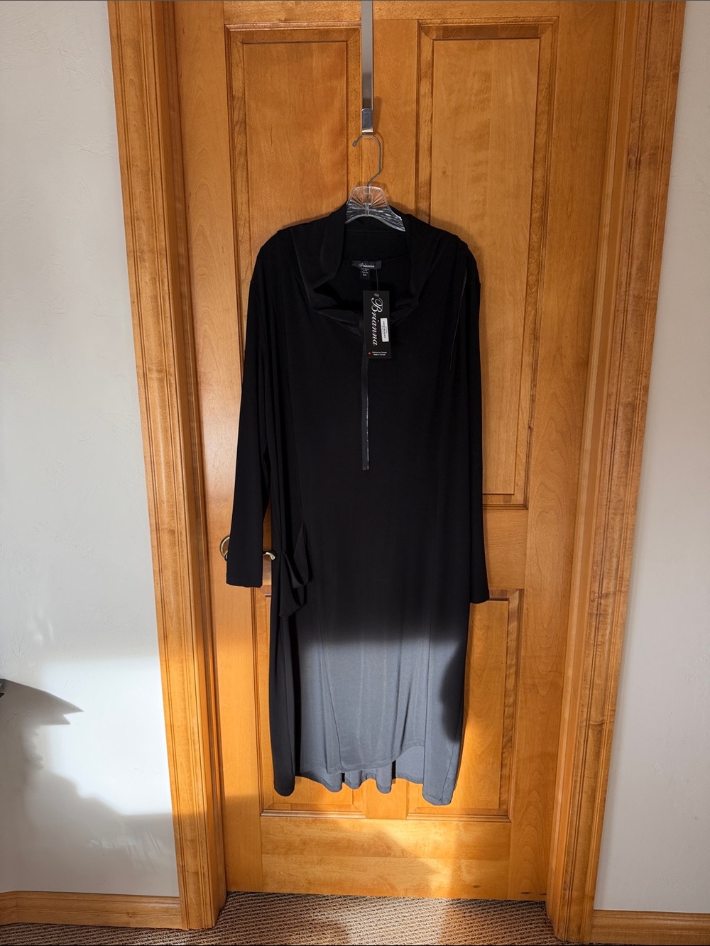 Long Sleeve Black Zip-Front Midi Dress with Side Tie